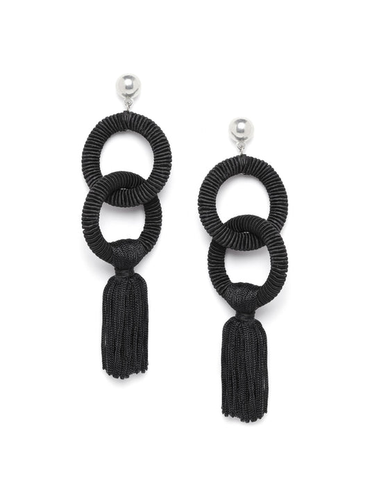 RICHEERA Black Silver-Plated Tasselled Circular Drop Earrings