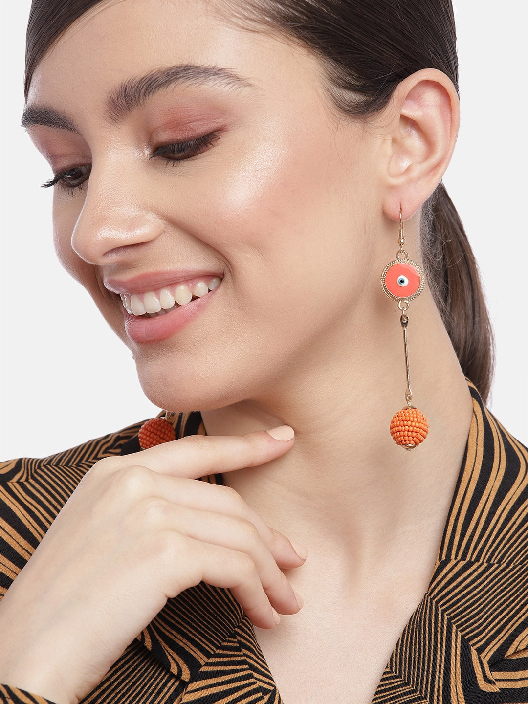 Orange & Gold-Toned Circular Beaded Drop Earrings