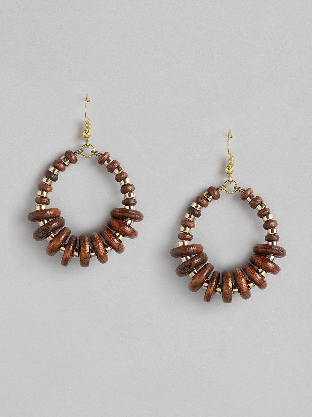 Brown & Gold-Toned Beaded Oval Drop Earrings