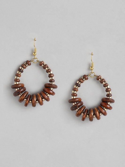 Brown & Gold-Toned Beaded Oval Drop Earrings