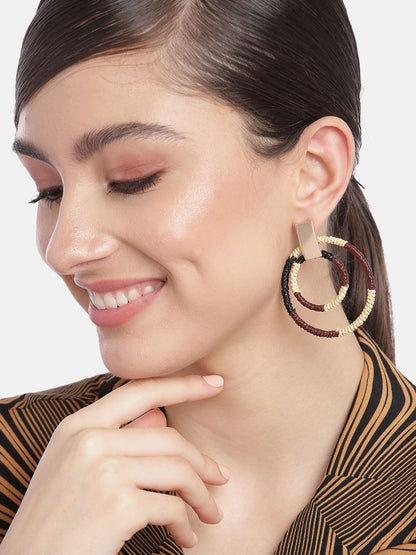 Brown & Beige Circular Beaded Drop Earrings