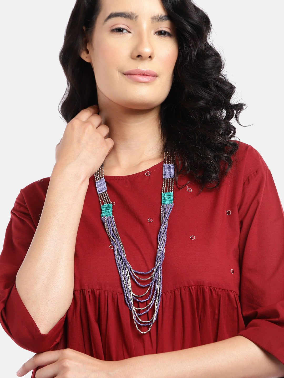 Silver-Plated Artificial Beads Layered Necklace