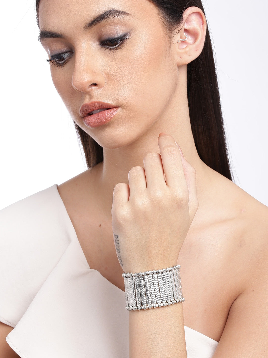 Women Silver-Toned Silver-Plated Cuff Bracelet