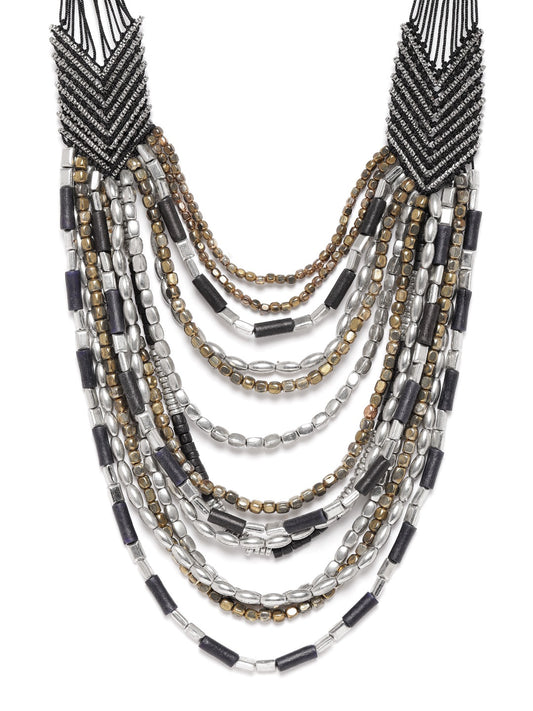Women Black & Silver-Toned Gold-Plated Artificial Beaded Layered Necklace