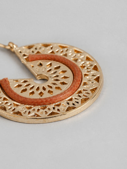 Gold-Toned & Rust Orange Circular Drop Earrings