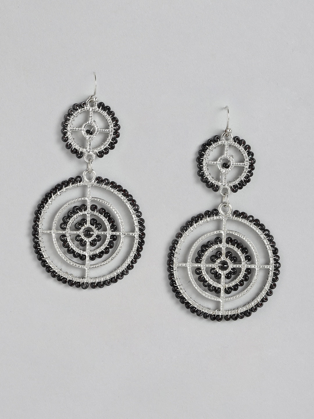 Black & Silver-Toned Circular Drop Earrings