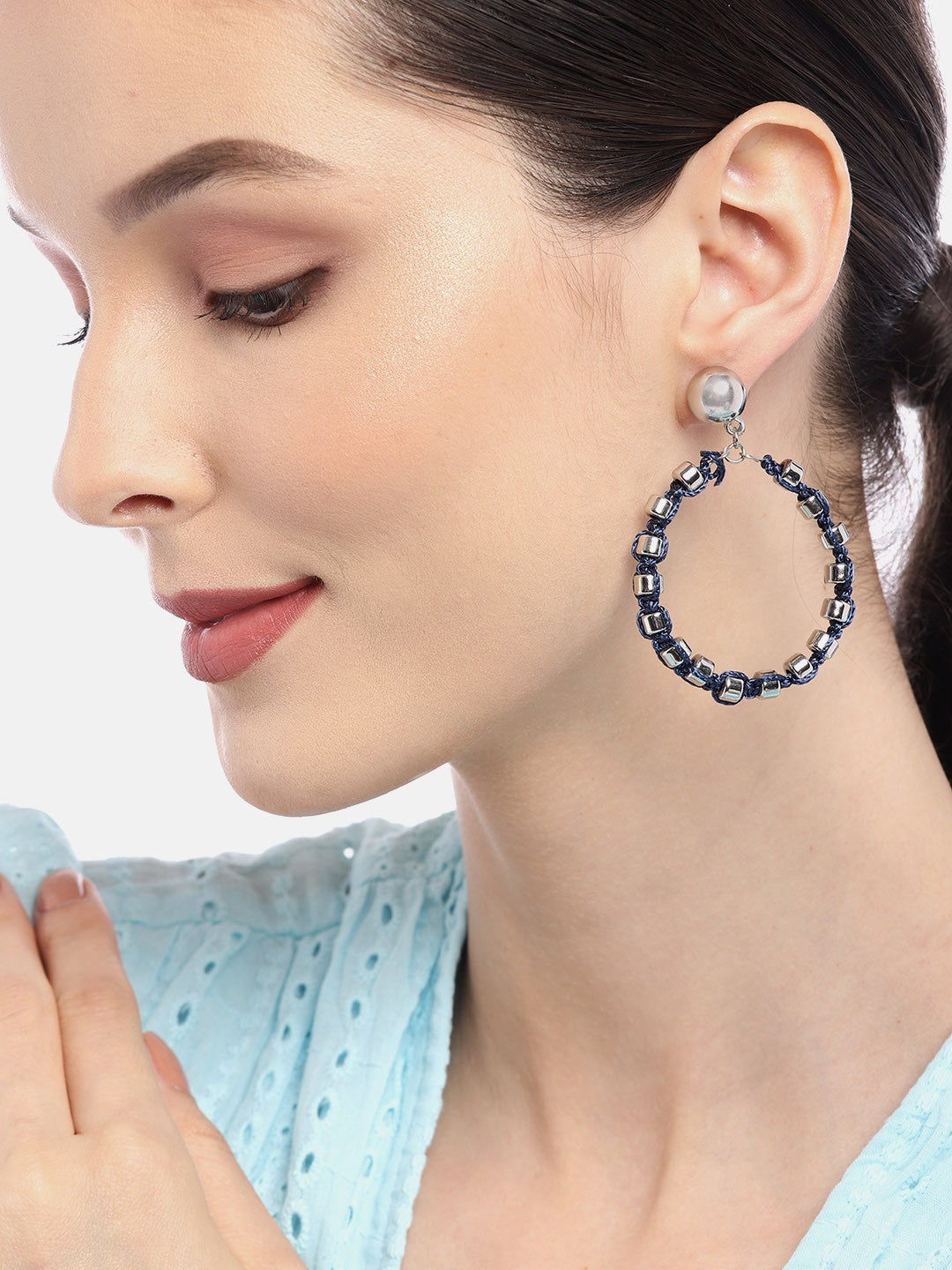 Blue & Silver-Toned Circular Drop Earrings