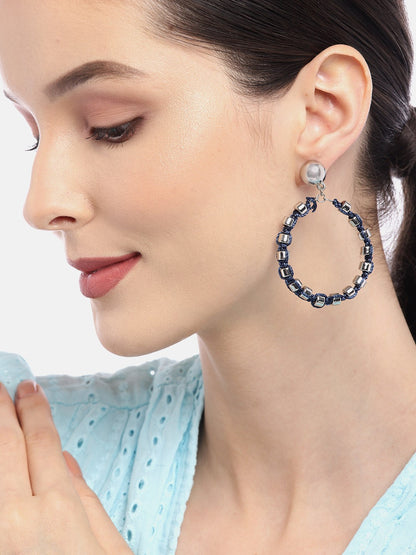 Blue & Silver-Toned Circular Drop Earrings