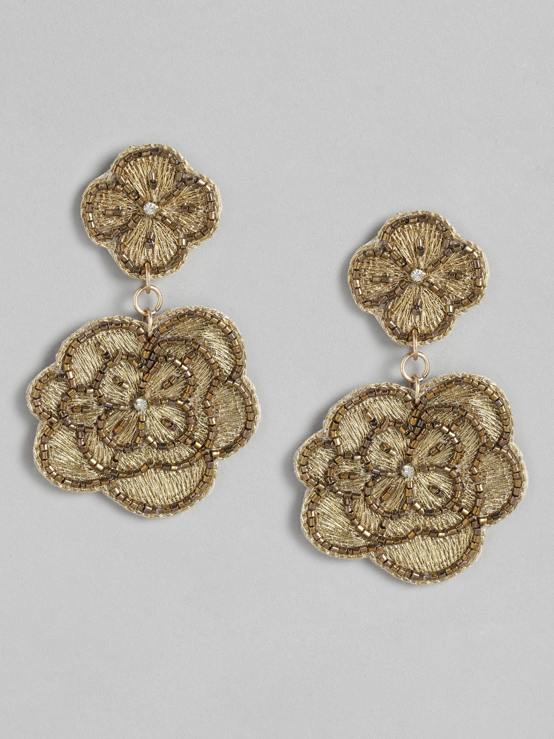 Gold-Toned & Brown Floral Drop Earrings