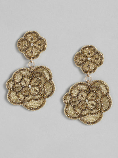 Gold-Toned & Brown Floral Drop Earrings