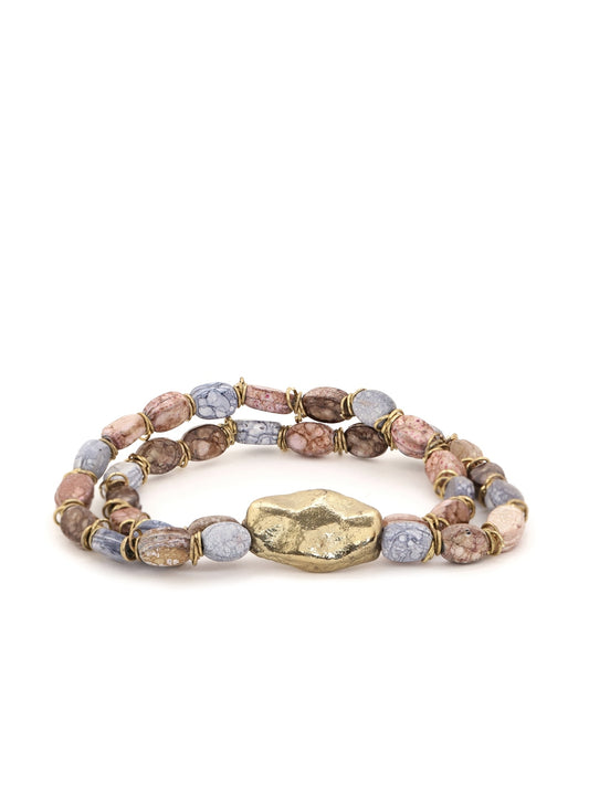 Brown & Grey Gold-Plated Beaded Dual-Stranded Elasticated Bracelet