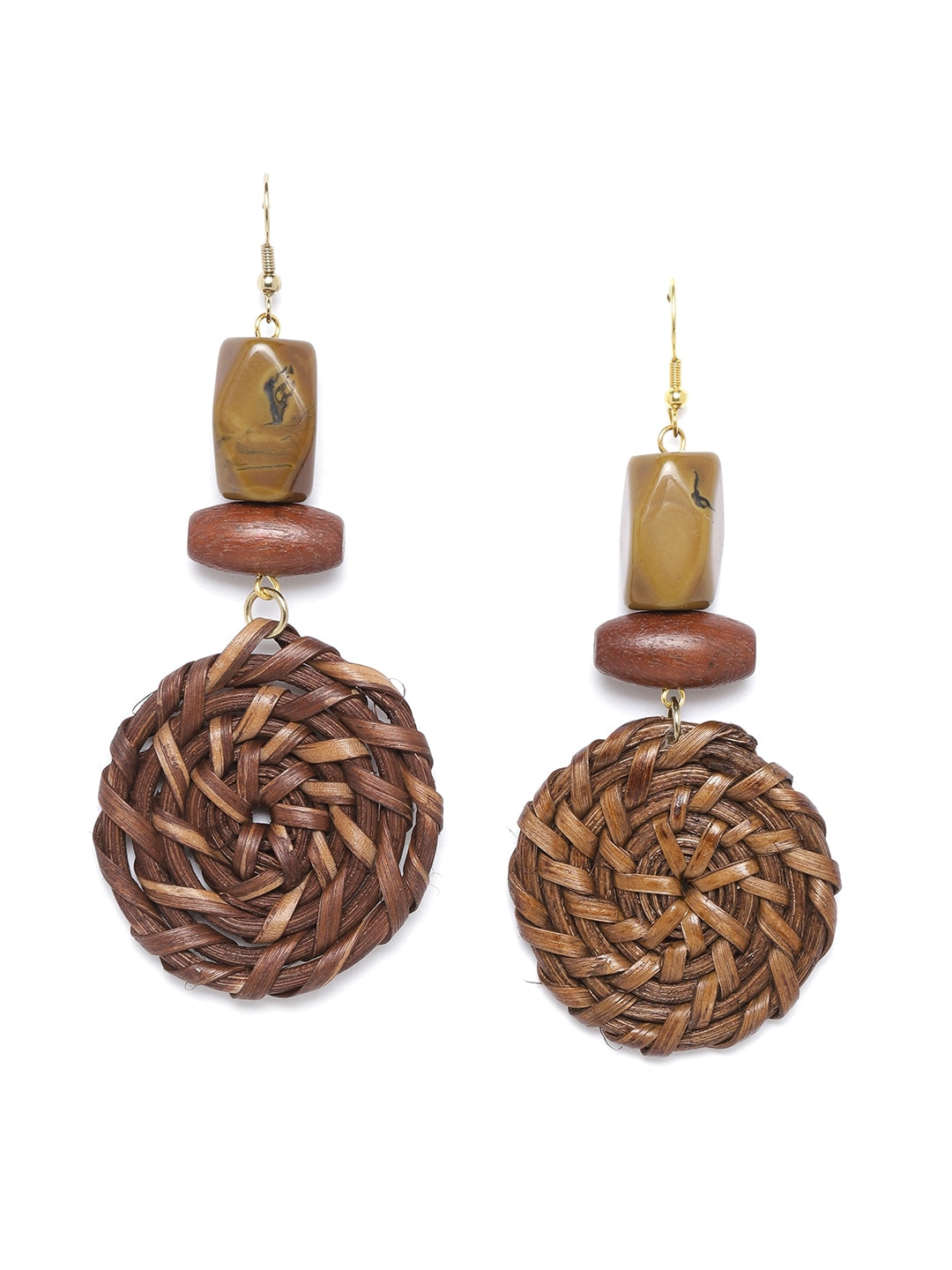 Brown Basketweave Circular Drop Earrings