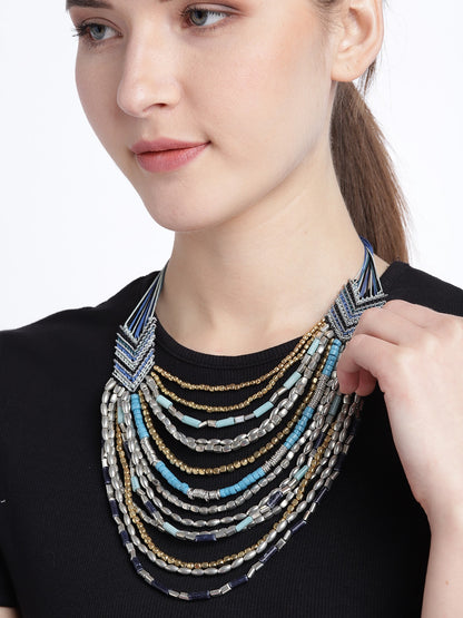 Blue & Gold-Toned Silver-Plated Beaded Layered Tribal Necklace