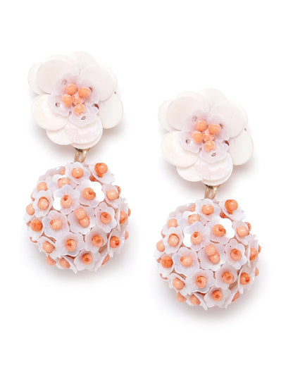 Peach-Coloured & Light Pink Spherical & Floral Beaded & Sequinned Drop Earrings
