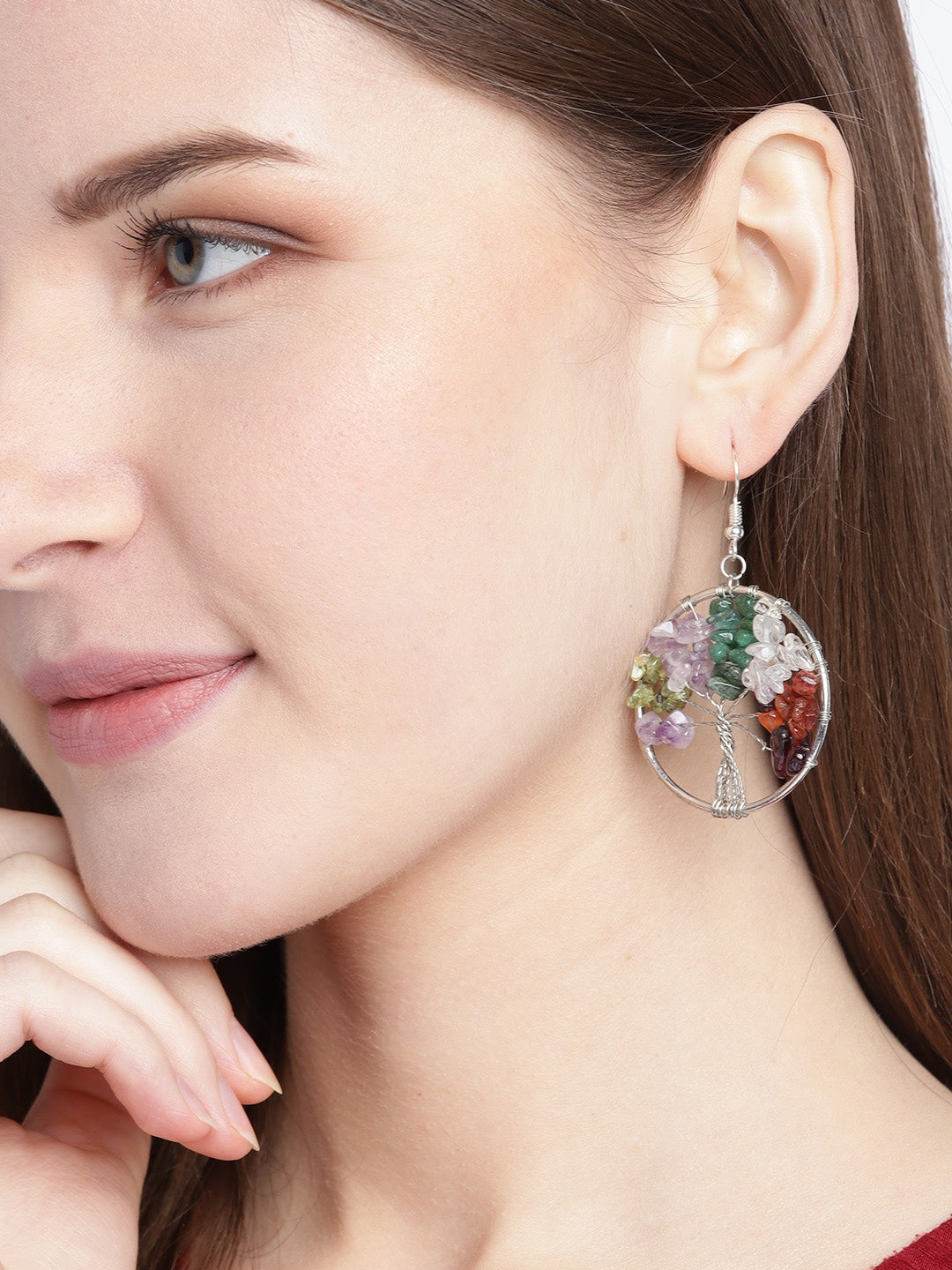 Multicoloured Silver-Plated Agate-Studded Circular Drop Earrings