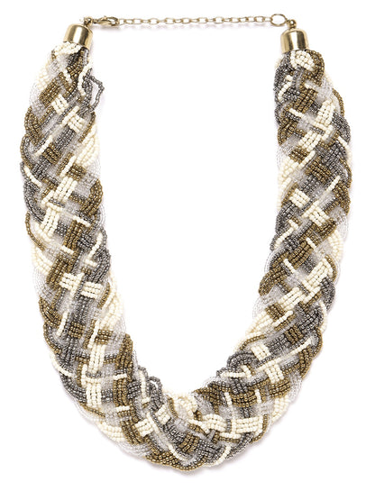 RICHEERA Women Antique Silver-Toned & Cream-Coloured Gold-Plated Beaded Braided Necklace