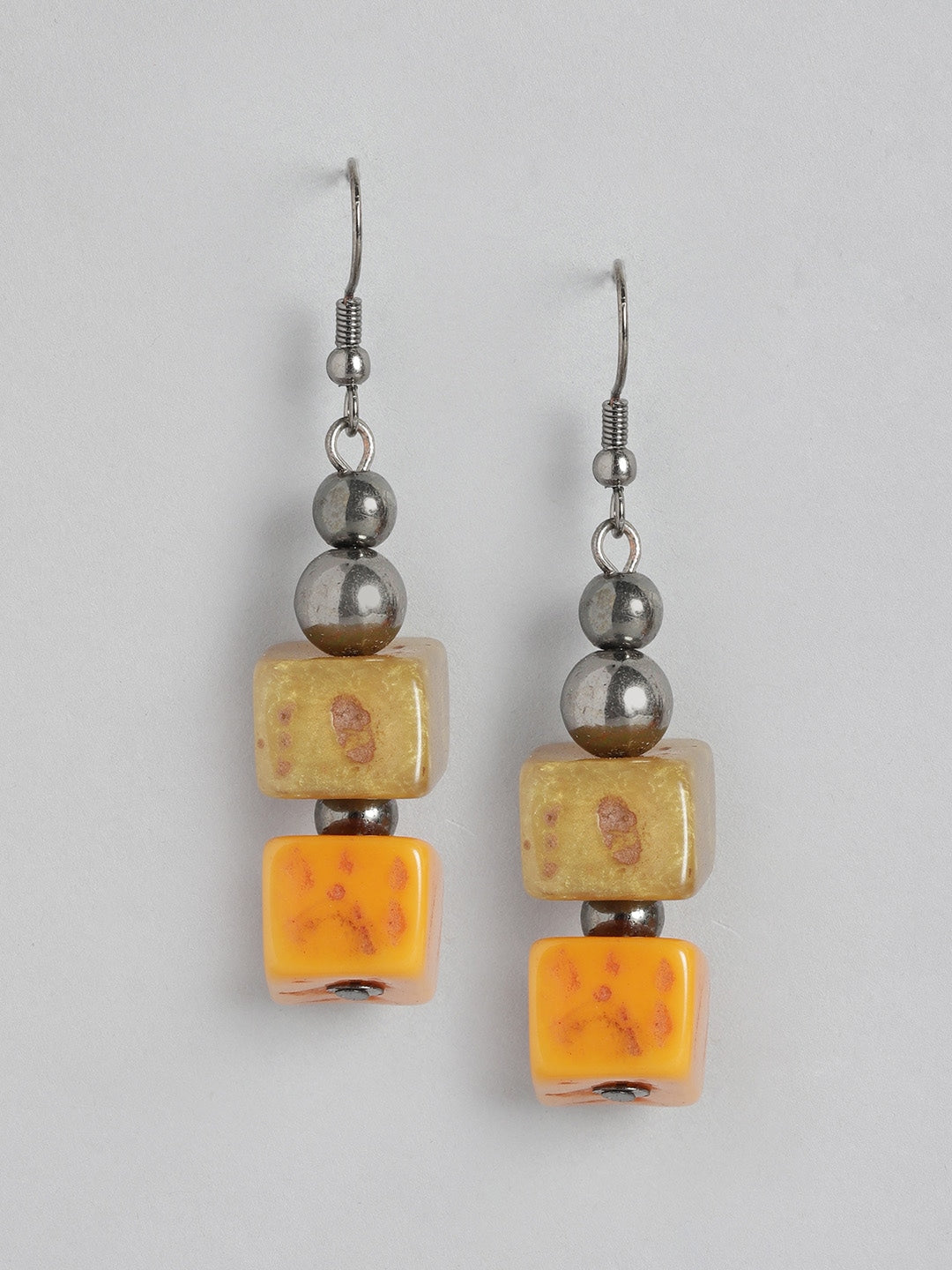 Silver-Toned & Orange Geometric Drop Earrings