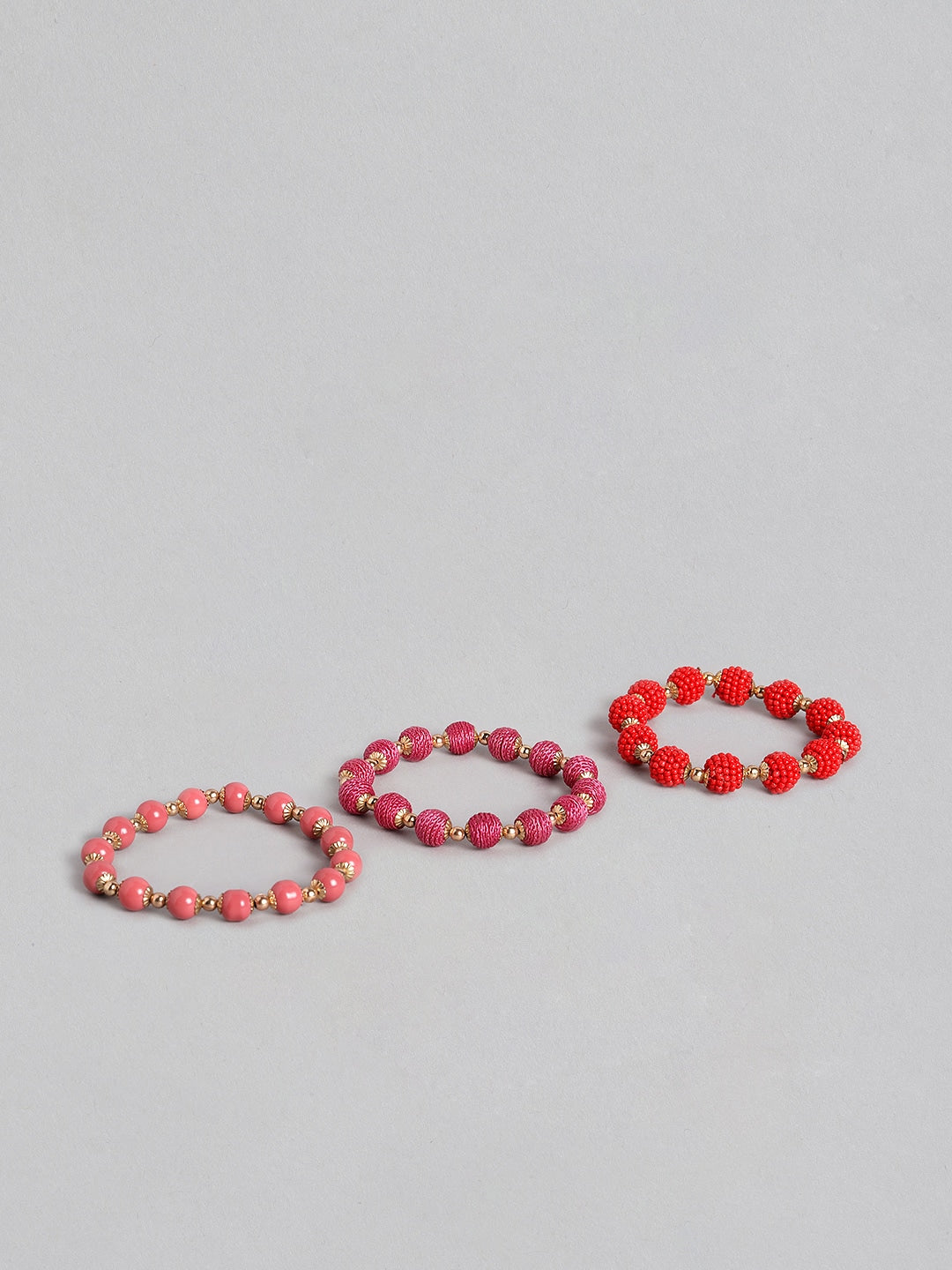 Women Set of 3 Pink & Red Gold-Plated Elasticated Bracelet