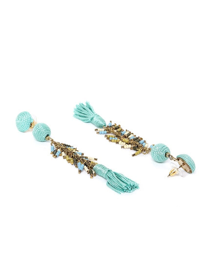 Sea Green Antique Gold-Plated Beaded Tasselled Drop Earrings