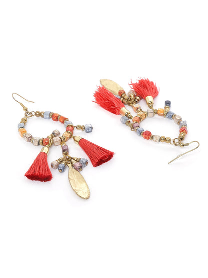 Coral Red & Blue Gold-Plated Beaded Tasselled Oval Drop Earrings