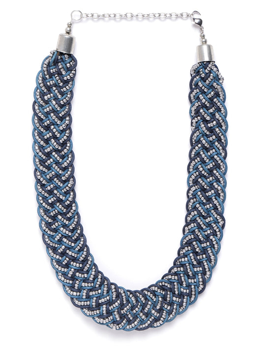 Blue & Silver-Toned Beaded Statement Bohemian Braided Necklace