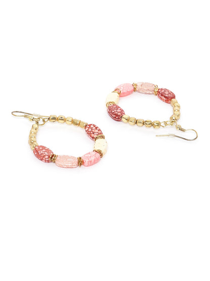 Peach-Coloured Gold-Plated Beaded Oval Drop Earrings