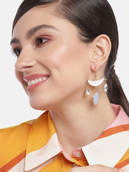 White & Grey Crescent Shaped Stone Studded Drop Earrings