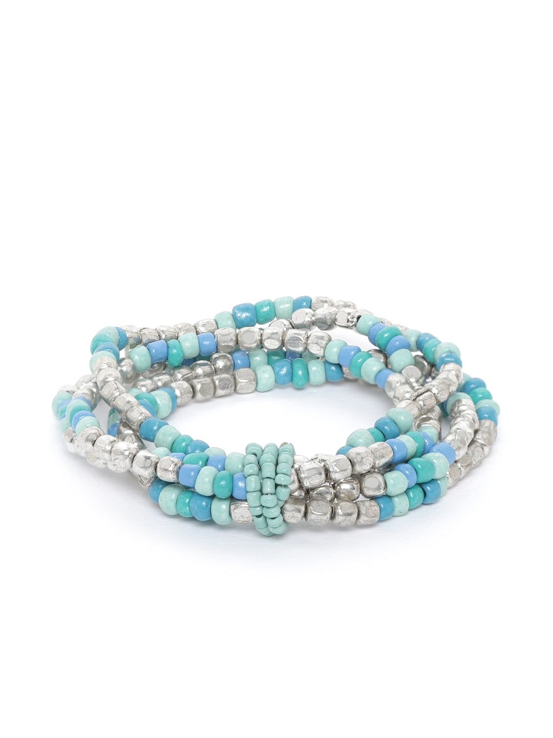 Blue & Silver-Toned Beaded Multistranded Elasticated Bracelet