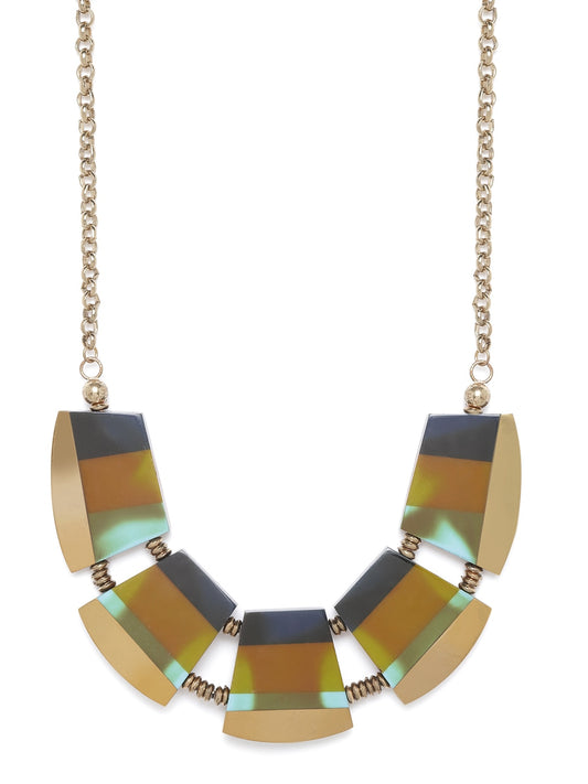 Mustard Brown & Black Antique Gold-Plated Resin Print Necklace