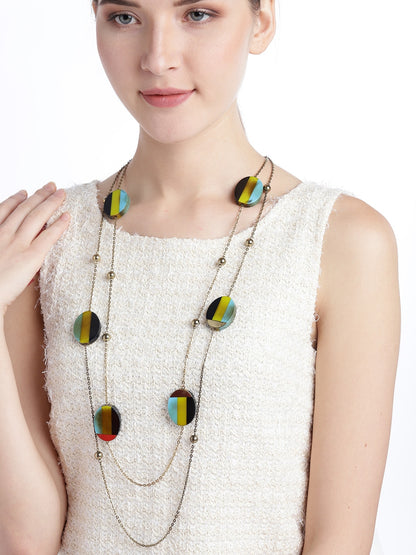 Women Lime Green & Black Antique Gold-Plated Resin Print Layered Necklace