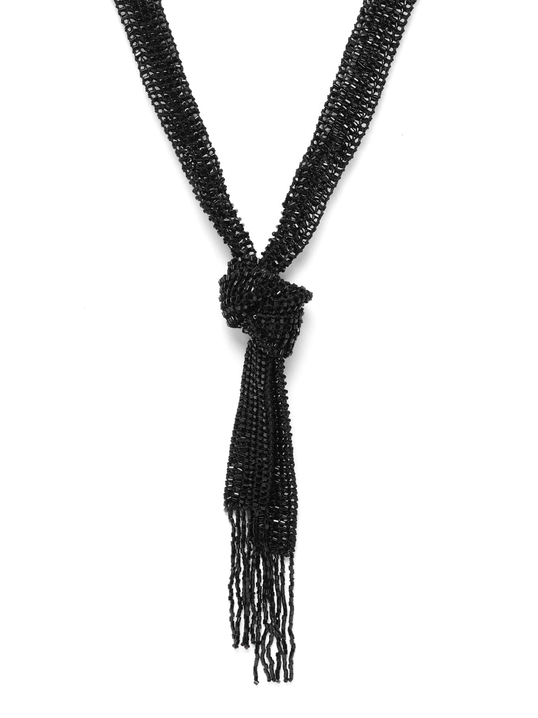 Black Artificial Beaded & Tasselled Knot Necklace