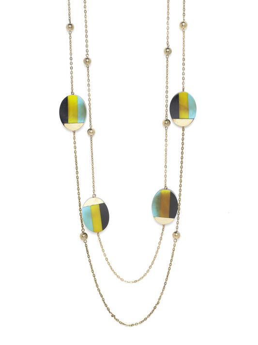 Women Lime Green & Black Antique Gold-Plated Resin Print Layered Necklace