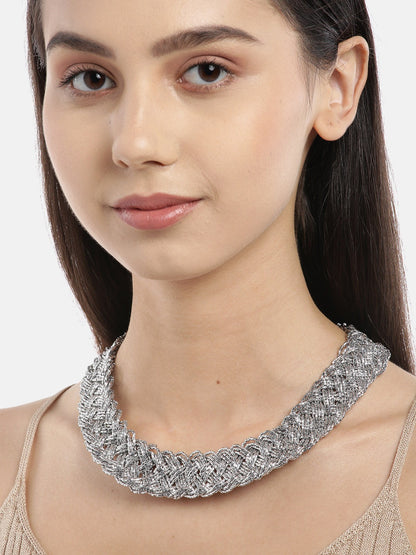 Silver-Toned Beaded Braided Necklace