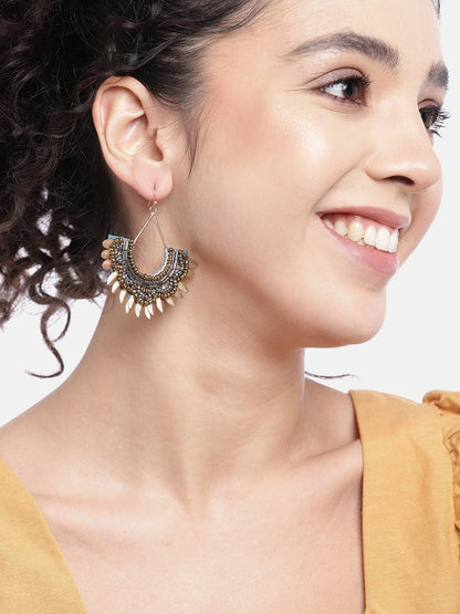 RICHEERA Gold-Toned & Grey Crescent Shaped Drop Earrings