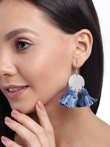 Blue Silver-Plated Tasselled Beaded Circular Drop Earrings