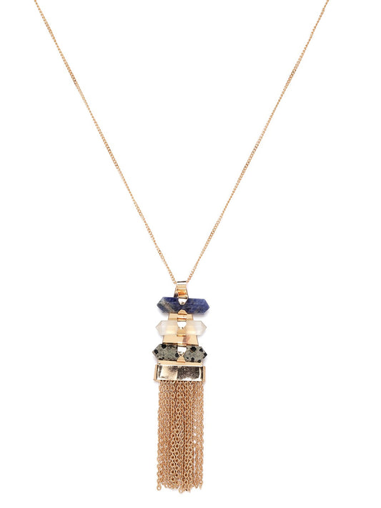 Blue & Grey Rose Gold-Plated Stone-Studded Tasselled Pendant with Chain