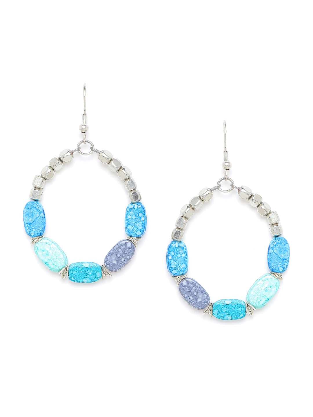 Turquoise Blue Silver-Plated Beaded Oval Drop Earrings