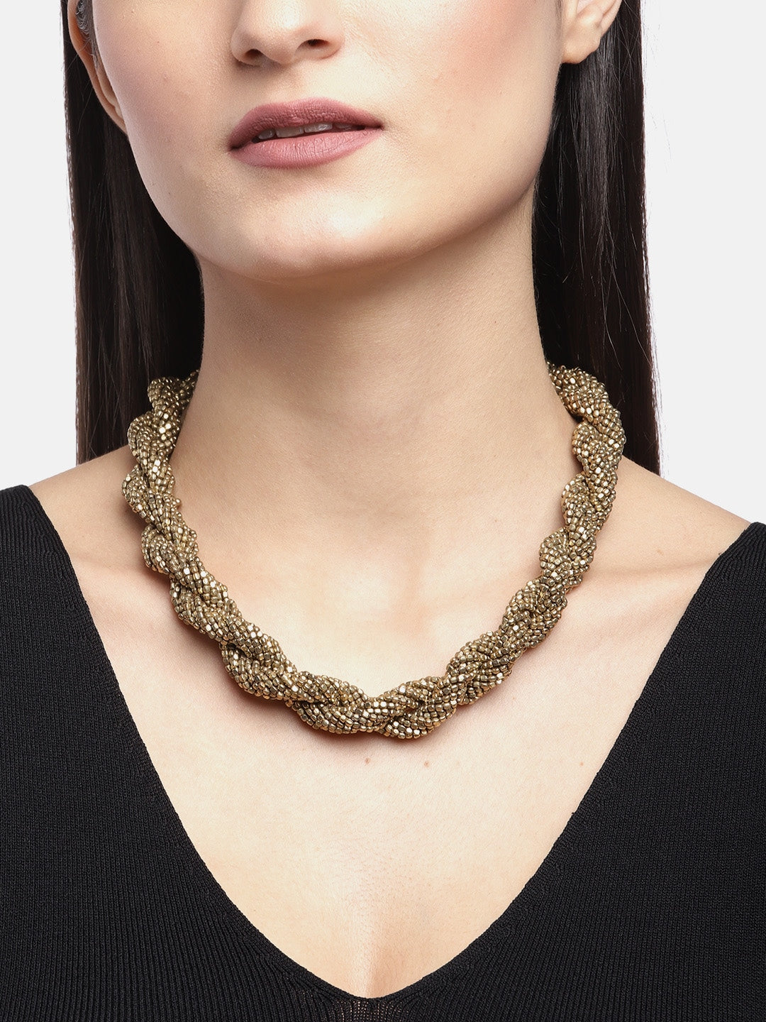 Women Antique Gold-Plated Beaded Twisted Necklace