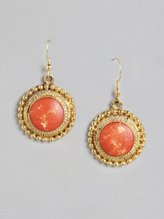 RICHEERA Gold-Toned & Orange Circular Drop Earrings