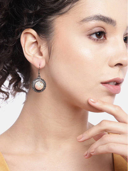 RICHEERA Silver-Toned & Beige Circular Drop Earrings