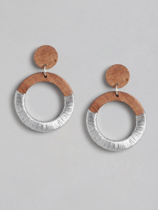 RICHEERA Silver-Toned & Brown Circular Drop Earrings