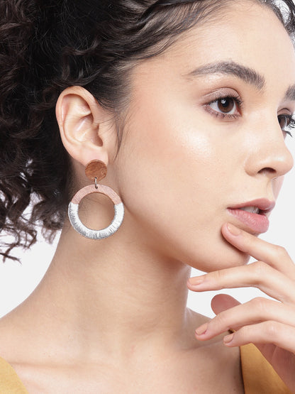 RICHEERA Silver-Toned & Brown Circular Drop Earrings