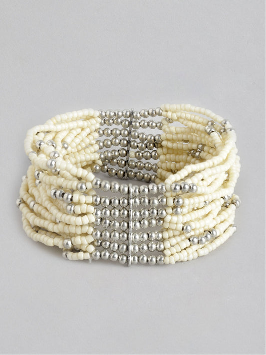 RICHEERA Women Off White & Silver-Toned Cuff Bracelet