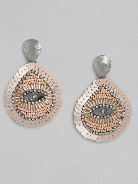 Peach-Coloured & Silver-Toned Teardrop Shaped Drop Earrings