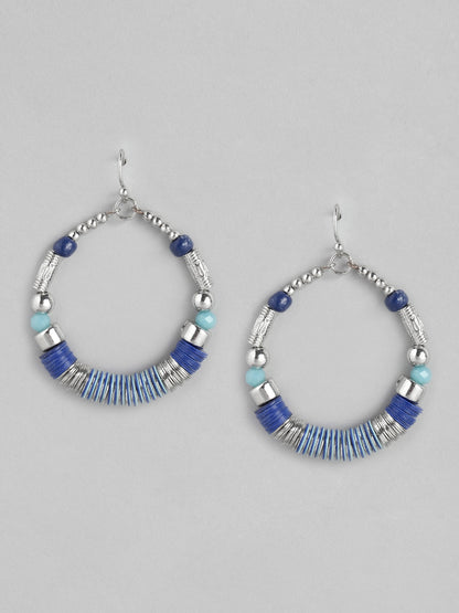 Blue & Silver-Toned Circular Drop Earrings